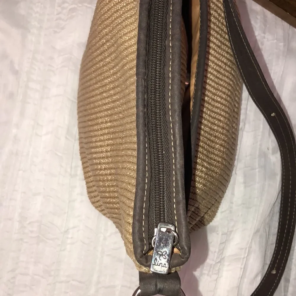lina Woven Knit Macrame Thread Vinyl Combo Hobo Tan Brown Shoulder Bag